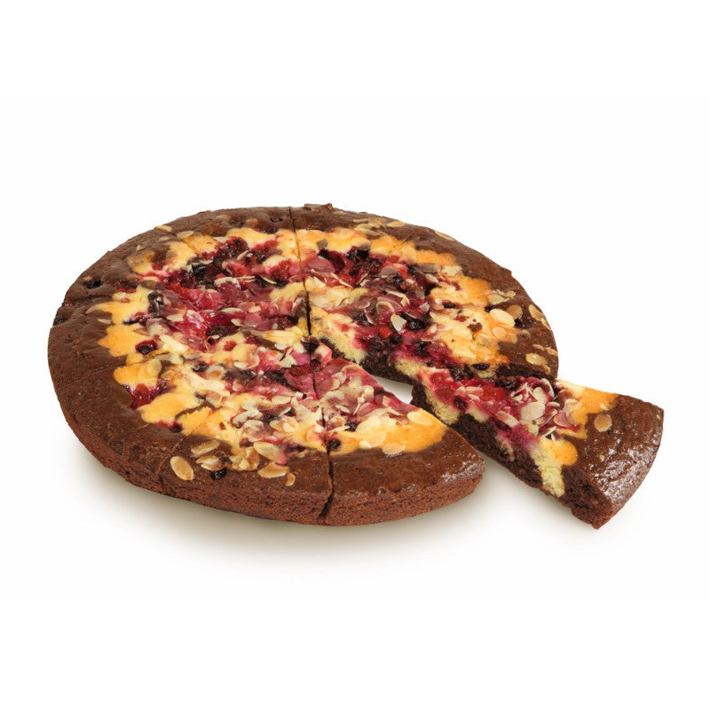 TARTE DE CHOCOCOLATE E FRUTOS VERMELHOS FATIADA